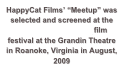HappyCat Films’ “Meetup” was selected and screened at the Open Projector Night film festival at the Grandin Theatre in Roanoke, Virginia in August, 2009