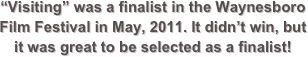 “Visiting” was a finalist in the Waynesboro Film Festival in May, 2011. It didn’t win, but it was great to be selected as a finalist!